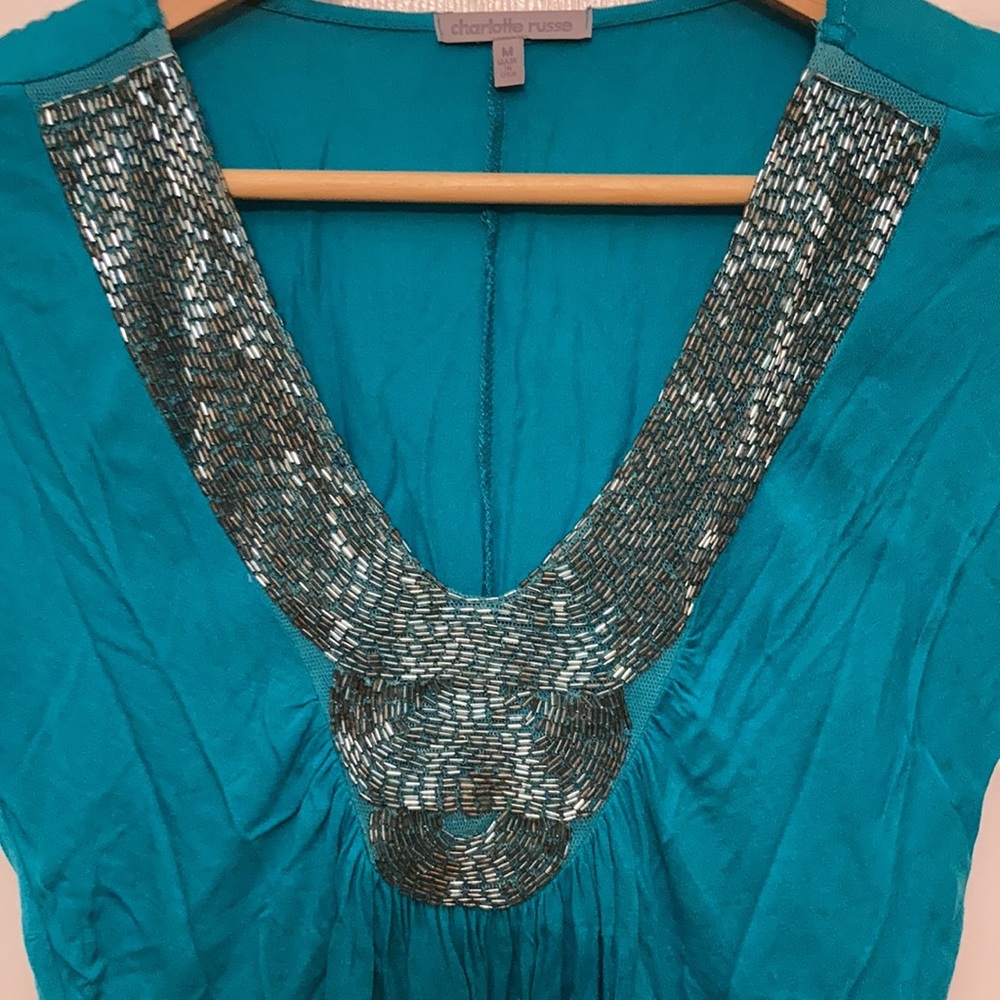 🔥‼️Sparkly teal beaded vneck cap sleeve top - med - Picture 2 of 6